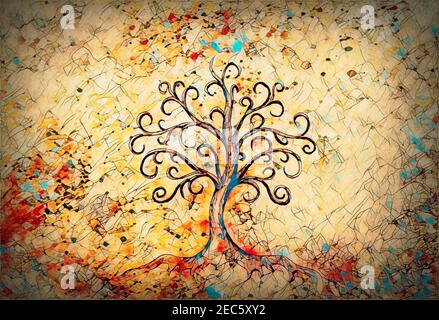 Baum des Lebens Symbol auf strukturierten Hintergrund, yggdrasil. Stockfoto