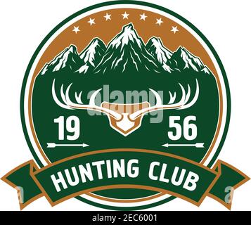 Rundes Retro-Abzeichen mit verschneiten Berggipfeln Landschaft und großen verzweigten Hirschgeweih für die Jagd oder Sportverein Design von Sternen verziert, Pfeile a Stock Vektor