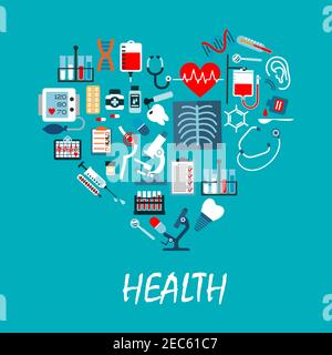 Gesundheitsmedizin Vektor-Poster mit Symbolen in Herzform. Medizinische Geräte und Behandlungselemente. Infografik Krankenhaus Stock Vektor
