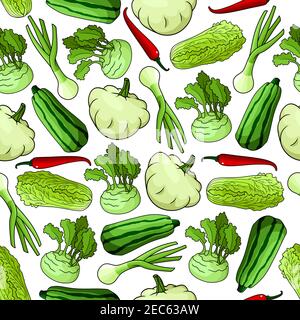 Gemüse nahtlose Hintergrund. Tapete mit Vektor-Muster von frischen Lebensmitteln Bauernhof Symbole. Pfeffer, Chili, Kürbis, Zucchini, Lauch, chinakohl, Kohlra Stock Vektor