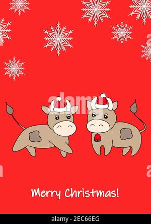Frohe Weihnachten, Feiertage, Feier Gruß und Einladungskarte, Banner, Rahmen, Header, Postkarte. Bunte niedliche Vektor mit Tier und Schneeflocken Stock Vektor