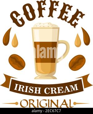 Köstliche irische Sahne Kaffee Cocktail-Symbol serviert in Glas Tasse mit Schlagsahne gekrönt, dekoriert von Tropfen Kaffee und irish Cream Likör, coff Stock Vektor
