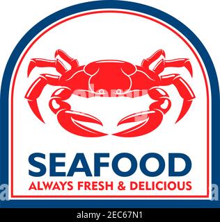 Köstliche gegrillte Soft Shell Krabbe Symbol für mediterrane Restaurant Abzeichen oder Meeresfrüchte Markt Label Design Verwendung mit roten Krabben in blau gewölbten Rahmen. R Stock Vektor
