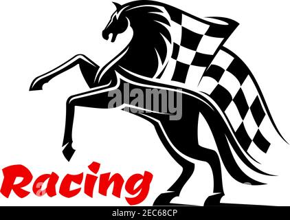 Pferderennen Symbol mit Rennen karierte Flagge. Mustang Laufsport-Emblem für Sportverein, Buchmacher-Schild, Mannschaftsschild, Abzeichen, Etikett Stock Vektor