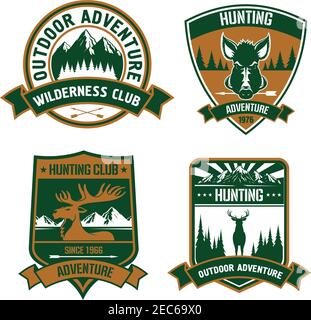 Jagdverein Embleme Set. Wild Tier Hirsch, Elch, Wildschwein, Geweih, Kopf, Pfeil Silhouette Vektor-Symbole. Jagd Abenteuer Ikone mit Bergen, Wald, Wildl Stock Vektor