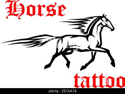 Einfache geometrische Skizze eines galoppierenden arabischen Pferdes mit Bewegungsspfaden aus fliegendem Schwanz und Mähne. Verwenden Sie als Tattoo oder Pferdezucht Symbol Design Stock Vektor
