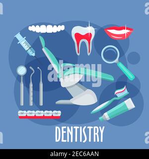 Zahnarzt Bürogeräte Symbol für Zahnmedizin und Gesundheitswesen Design mit gesunden, sauberen Zähnen und Lächeln, Zahnspiegel, Pick und Sonde, Zahnbürste, t Stock Vektor