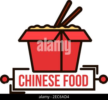 Takeaway chinesisches Essensabzeichen von roten Papiernudeln-Box mit Wok gebratenen Nudeln und Essstäbchen. Verwendung als Lebensmittelverpackung oder Lieferdienst Design. Dünne Linie Stock Vektor