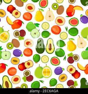 Frisches Obst nahtloses Muster mit Hintergrund von ganzen und halbierten Äpfeln, Pfirsiche, Mangos, Pflaumen, Passionsfrüchte, Guavas, Birnen, Kiwis, Avocados, fei Stock Vektor