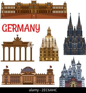 Historische Sehenswürdigkeiten und Gebäude von Deutschland. Vektor-Ikonen von Brandenburger Tor, Reichstag, Schloss Neuschwanstein, Kölner Dom, Frauenkirche, M Stock Vektor