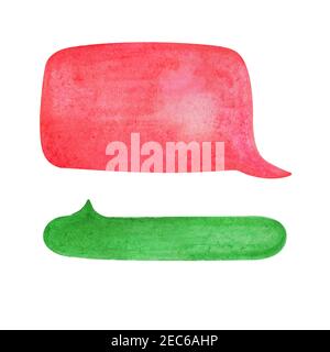 Wasserfarbe Sprechblase auf weißem Hintergrund. Lebendiges grünes und rotes Textblasenwolke handgezeichnetes Element. Isoliertes Luftpolsterfolie-Clipart. Gespräch oder Durchm Stockfoto