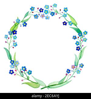 Vergiss mich nicht Kranz Aquarell Illustration. Frühlingsblumen-Vergessenot mit Blütenblättern und Blättern. Handgezeichneter Blumenkranz. Frühling Hochzeit Design Cliparts Stockfoto