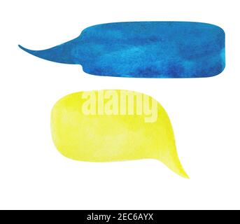 Wasserfarbe Sprechblase auf weißem Hintergrund. Marineblaues und gelbes Textblasenwolke handgezeichnetes Element. Isoliertes Luftpolsterfolie-Clipart. Gespräch oder Wählen Stockfoto