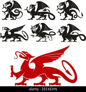 Heraldic Griffin Emblem Set und mythische Dragon Silhouette Elemente für Tattoo, Heraldik oder Schild Wappen. Fantasy Gothic mythischer Löwe und Adler Kreat Stock Vektor