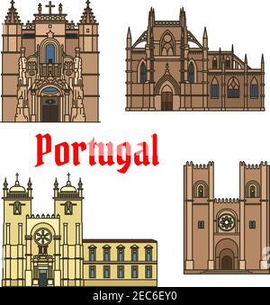 Historische Sehenswürdigkeiten und Gebäude von Portugal. Vektor-Kunstzeichnungen von Kloster von Batalha, Kathedrale von Porto, Kathedrale von Patriarchal, Maria Major, Sant Stock Vektor