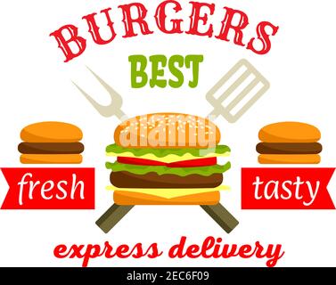 Burger Express-Lieferung. Fastfood-Label-Design. Hamburger und Cheeseburger Elemente mit Spachtel und Gabel. Vector Fast Food grafische Elemente. Illustre Stock Vektor