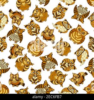 Eulen Muster nahtlose Hintergrund. Nette Nachtvögel Vektor Kunst Zeichnung. Vintage künstlerische Eule Elemente für die Dekoration Stock Vektor