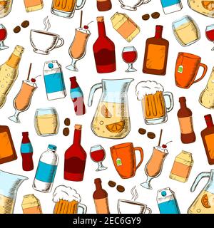 Getränke nahtloses Muster. Alkohol, frische und gesunde Getränke Elemente. Handgezeichnete Cartoon-Ikonen von Kaffeebohnen, heißen Teetassen, Cocktail-Stroh, Bierkrug Stock Vektor