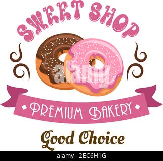 Donut Shop Retro Cartoon Badge mit Schokolade und rosa mattierten Donuts, ergänzt durch vintage Band Banner, wirbelnde Linien und Header Sweet Shop Stock Vektor