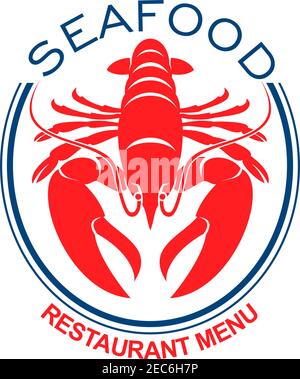 Riesen roter Hummer Symbol in doppeltem blauen ovalen Rahmen für Design der Speisekarte des Fischrestaurants und Hummer-Lätzchen Stock Vektor
