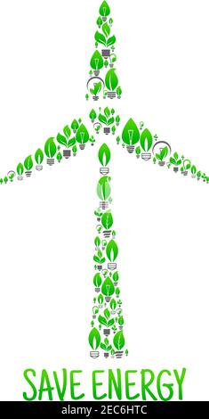Save Energy konzeptionelle Ökologie Kunst Illustration. Grüne Blätter und Lampen in Form von Windturbine. Kreative Darstellung der Umweltfreundlichkeit. Natürliche Energie Stock Vektor