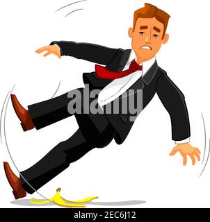 Junger Geschäftsmann rutscht auf Bananenschale und fällt. Unfall, Misserfolg und Pech buinsess Metapher mit Mann Vektor-Charakter Stock Vektor