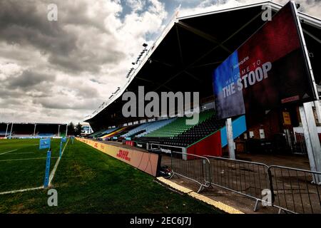 Twickenham Stoop, London, Großbritannien. Februar 2021, 13th. Englische Premiership Rugby, Harlequins versus Leicester Tigers; Allgemeine Ansicht aus dem leeren Twickenham Stoop wegen der Pandemie Credit: Action Plus Sports/Alamy Live News Stockfoto