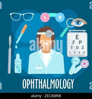 Lächelnd junge Frau Augenarzt mit Augenuntersuchung Ausrüstungen und Medikamente flache Symbol der Sehschärfe-Test-Chart, Augenverschweiber, Brille und Stock Vektor