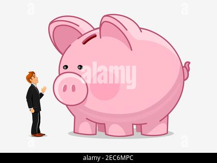 Geschäftsmann mit großen Sparschwein. Geld sparen Wachstum kreative Illustration. Vektor Hand gezeichnet Zeichen Mann und Sparkasse. Economics Business Konz Stock Vektor