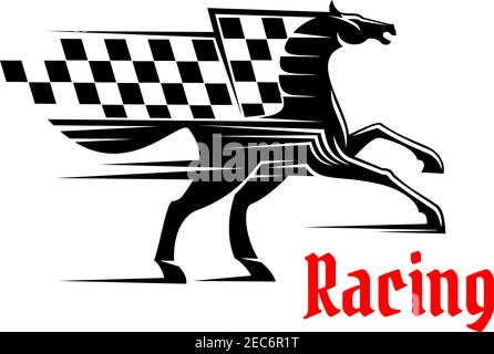 Pferderennen Symbol mit Rennen karierte Flagge. Mustang läuft Grafikelement. Vektor-Design für Sport Club Emblem, Buchmacher Schild, Team Schild, BA Stock Vektor