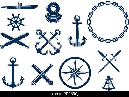 Marine und nautische flache Symbole und Symbole gesetzt. Vektor-Emblem blaue Elemente von Anker, Kette, Lenkrad, U-Boot, Sextant, Bomben, Kanonen, Schwor Stock Vektor