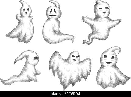 Cartoon halloween lustige Geister Symbole. Skizze Vektor-Zeichen von niedlichen und beängstigend Spucke und Bogeys mit Gesichtsausdrücke für die Dekoration Stock Vektor