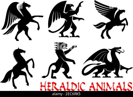 Symbole für heraldische Tiere. Pegasus, Griffin, Drache, Löwe, Pferd, Tiger, Einhorn Silhouetten. Gothic Fabelwesen für Tattoo, Heraldik oder Tribal sh Stock Vektor