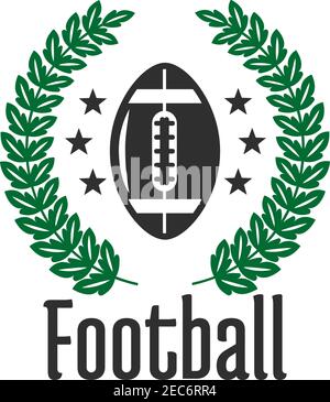 Fußball-Sportverein oder Mannschaftssymbol mit Ball, eingerahmt von heraldischen Lorbeerkranz und Sternen. American Football Competition Design Stock Vektor