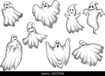 Halloween lustige Cartoon Geister Vektor-Symbole. Niedliche und gruselige Kunstspieße mit Gesichtsausdrücken Stock Vektor