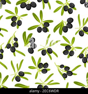 Olive Zweige nahtlose Hintergrund. Tapete mit Vektor-Muster Symbole von schwarzen Oliven mit grünen Blättern für die Küchendekoration, Tischdecke Stock Vektor