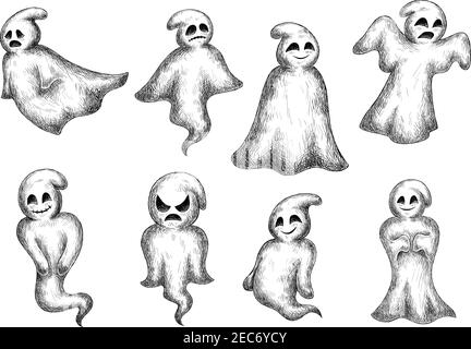 Halloween lustige Cartoon Geister und Spukken. Niedliche unheimlich künstlerischen Bogey mit Gesichtsausdrücke. Vektorsymbole eingestellt Stock Vektor