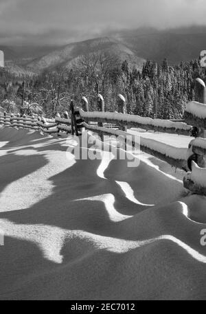 Graustufen. Malerisch gewellte Schatten auf Schnee vom Holzzaun. Alpine Berg Winter Weiler Stadtrand, verschneiten Weg, Tannenwald. Hochauflösendes Bild w Stockfoto