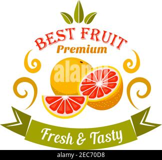 Gesunde reife Grapefruit Früchte Abzeichen eingerahmt von orangen Wirbeln und gebogene Band Banner mit Beschriftung frisch und lecker. Retro stilisierte Früchte Ikone für o Stock Vektor