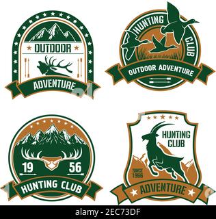 Jagdverein Schilde Set. Vector Jagd Sport Label Embleme mit Tieren, Elch, Bergziege, Vögel, Enten, Pfeile, Berge. Hunter Identitätsdesign f Stock Vektor