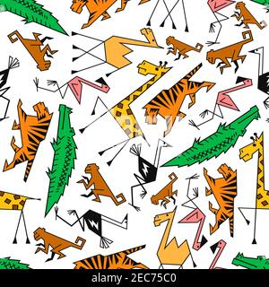 Afrikanische und Dschungel Cartoon Safari Tiere. Nahtlose Tapete mit Muster von niedlichen Tiger, Giraffe, Affe, Kamel, Flamingo, Strauß, Krokodil, Alliga Stock Vektor