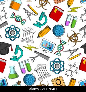Wissenschaft und Wissen nahtlose Tapete. Schule und Universität Bildung Symbole. Hintergrund mit Mustersymbolen von Globus, Bleistift, Mikroskop, Atom, d Stock Vektor