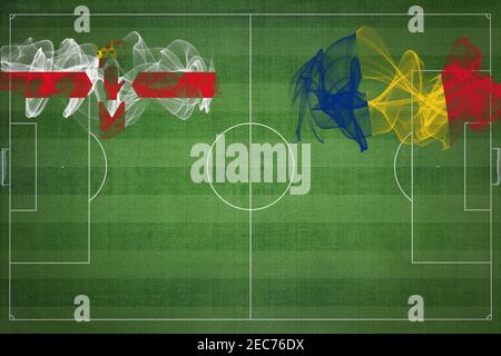 Nordirland vs Rumänien Fußballspiel, Nationalfarben, Nationalflaggen, Fußballfeld, Fußballspiel, Wettbewerbskonzept, Kopierraum Stockfoto