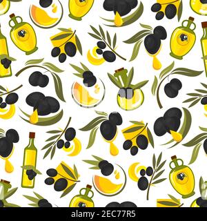 Schwarze Oliven Zweige und Olivenöl nahtlose Muster Hintergrund. Vektor-Tapete für Küchendekoration, Menü, Tischdecke, Fliesen Stock Vektor