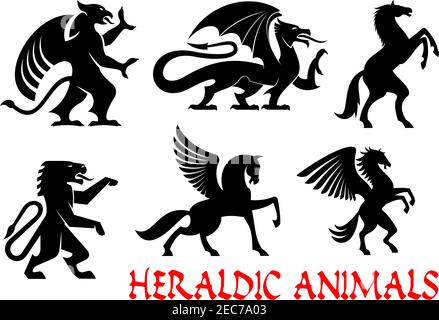 Symbole für heraldische Tiere. Griffin, Drache, Löwe, Pegasus, Pferd Umriss Silhouetten für Tattoo, Heraldik oder Tribal Schild Embleme. Fantastische mythische cr Stock Vektor