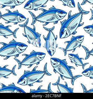 Schwimmen blaue Fische nahtlose Muster mit Herde von Cartoon atlantic Thunfisch Fische über weißem Hintergrund. Meeresfrüchte und Fischerei Sport Themen Design Stock Vektor