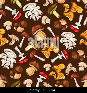 Wald Pilze nahtlose Hintergrund. Tapete mit Vektor-Muster Symbole von Amanita, Champignon, lactarius, Boletus, Steinpilze, Milchpilz, Lactariu Stock Vektor