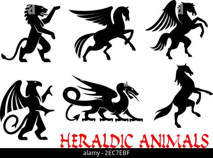 Symbole für heraldische Tiere. Pegasus, Griffin, Drache, Löwe, Pferd, Einhorn Umriss Silhouetten für Tattoo, Heraldik oder Tribal Schild Emblem. Fantasy Gothi Stock Vektor