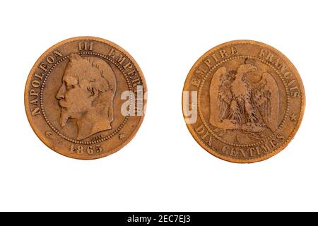 Alte alte alte Jahrgangsmünze Geld Napoleon III von Frankreich Französisch Franc 10 Centimes 1865 Stockfoto