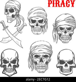 Piratenschädel in Kopfhüllen. Künstlerische Bleistiftskizzen. Schädel und Kreuzbeine im Piraterie-Stil für Cartoon, Label, Tattoo, T-Shirt, halloween-Post Stock Vektor